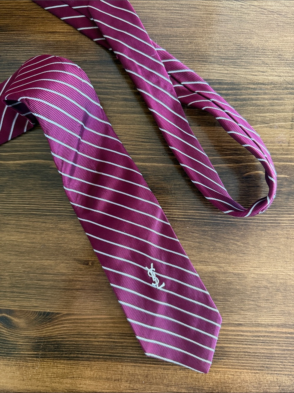 Yves Saint Laurent Men's Wine Red Striped Silk Tie with YSL Logo